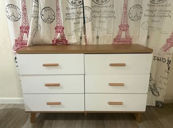 6 Drawer Dresser Natural Wood and White Mid century modern