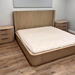 Brand New Restoration Hardware Byron Dupe Flutted Queen Platform Bed with 2 nightstands