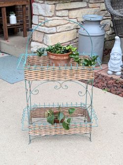 Antique Two Tier Country Cottage Natural Wicker & Green Wire Metal Stand -Awesome Patina
