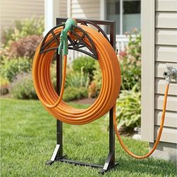 Garden Hose Holder, Heavy-Duty Metal Stand with Stable Base & 2 Tool Hooks, Freestanding Storage Rack for Outside, Holds 150ft – Hose Holders for Yard