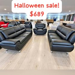 Black faux leather 3 piece sofa and loveseat with chair