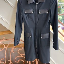 Deep Blue European Leather Trim Womens Coat Sz 40 Rare 