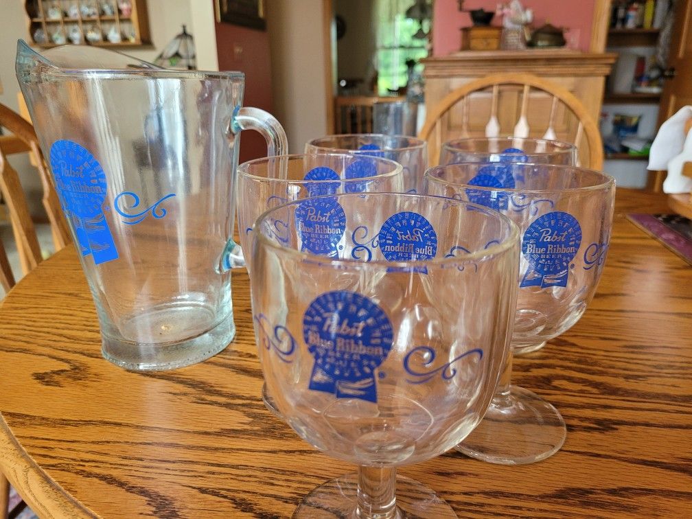 Pabst blue ribbon pitcher and beer glasses