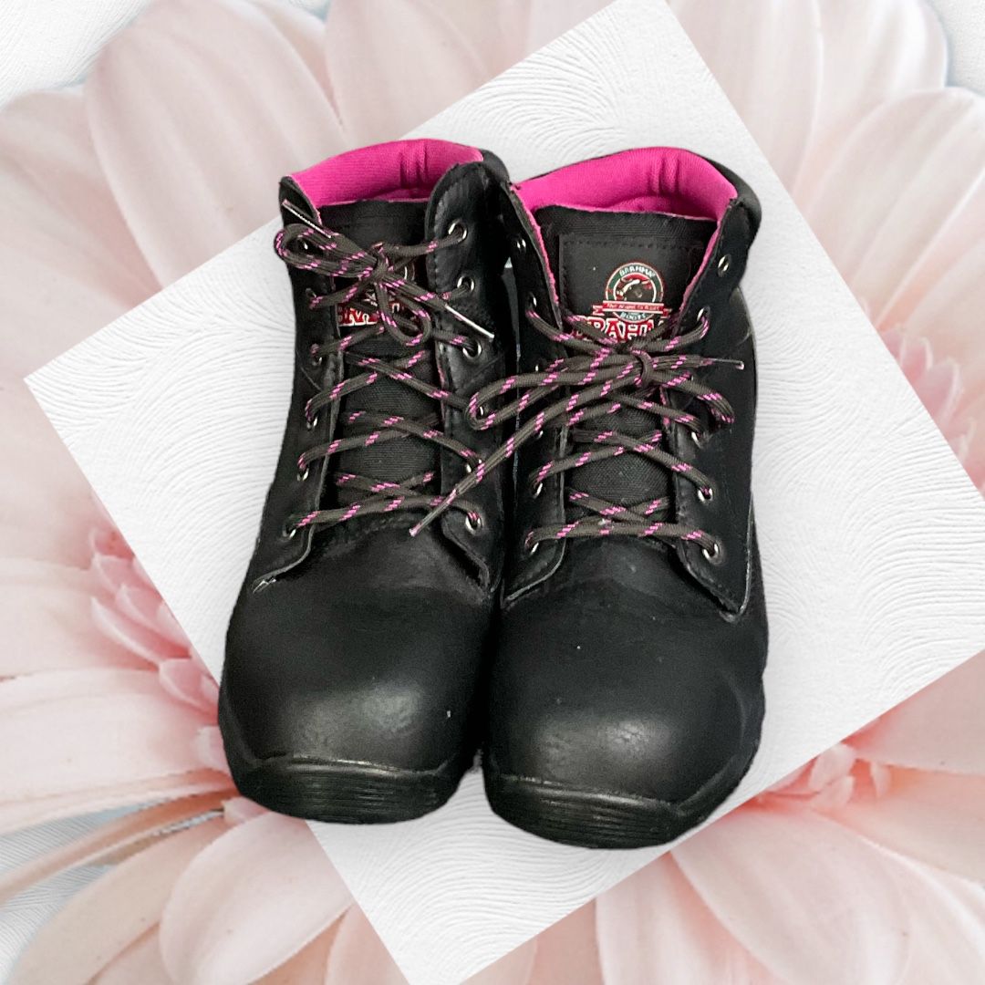 Brahma Black w Pink Lace Up Anti-Fatigue Steel Toe Work Boots/Shoes Women 7.5