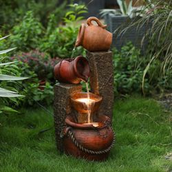  32 Inch Resin Outdoor Water Fountain with Lights, Farmhouse Outdoor Water Features f1433