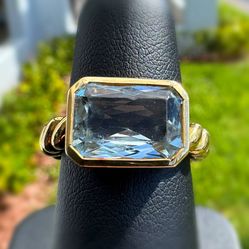 Jewelry 18k solid yellow gold white emerald cut blue aquamarine stone 4.00CTW twisted rope band ring size 6.50