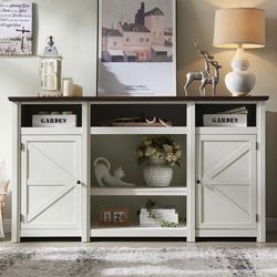 Farmhouse TV Stand for TVs Up to 80 inches, 39" Tall Entertainment Center w/Barn Door, Large Wood Rustic TV Console Cabinet w/Adjustable Shelv