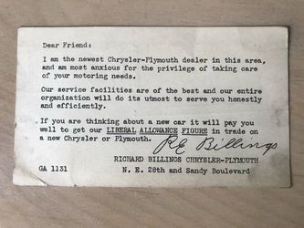 Vintage Chrysler - Plymouth Dealer Sales Postcard $.01 Ad Mailer