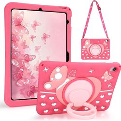 Pink Butterfly iPad Case with Strap & Rotating Stand for iPad 10th/11th Gen Kids