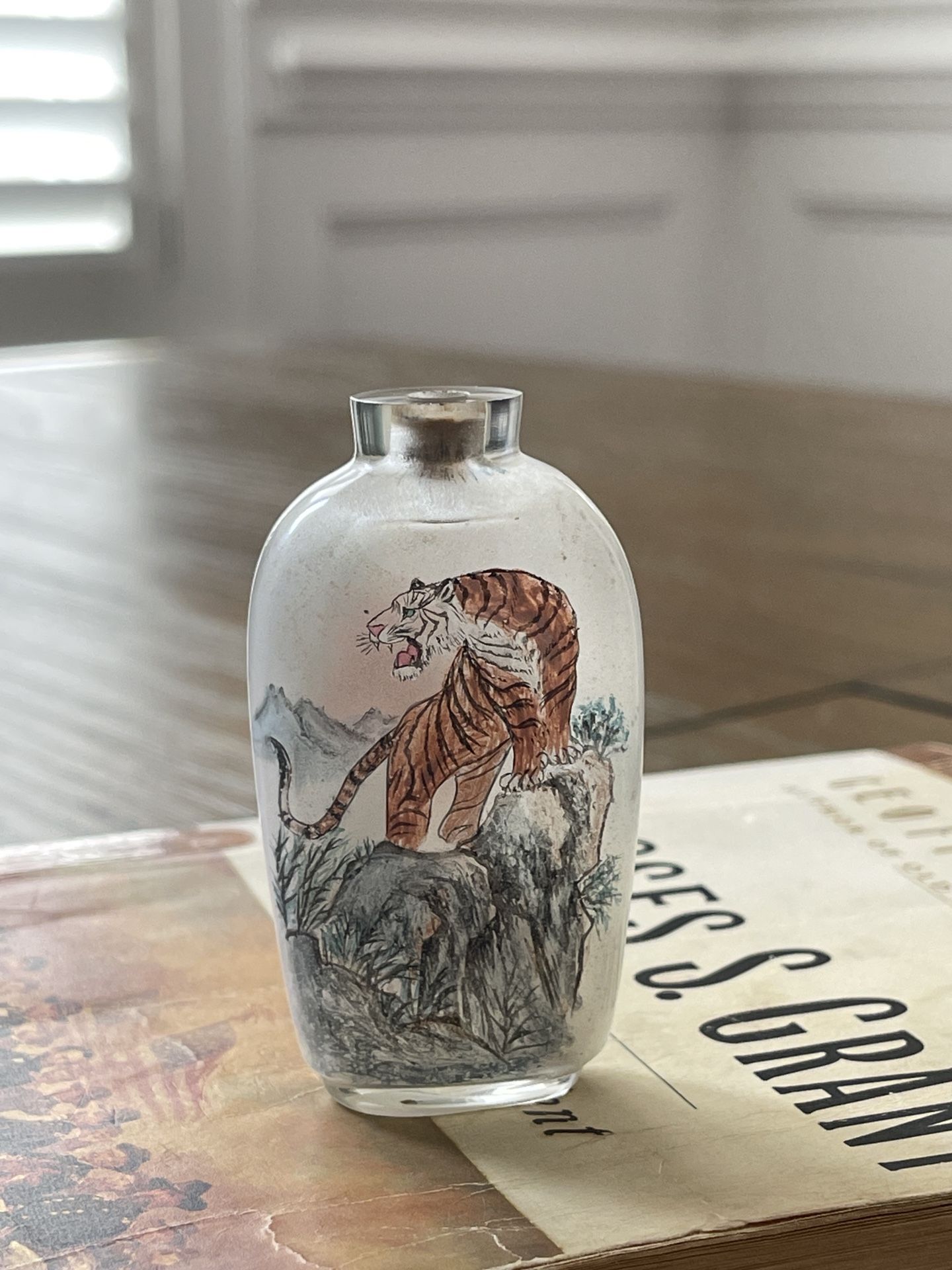Vintage Reverse Painted Glass Chinese Snuff Bottle with Tiger