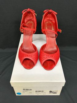 Christian Dior Soft Lady Dior Red Leather Woven Peep Toe Heels Shoes 37.5 7.5