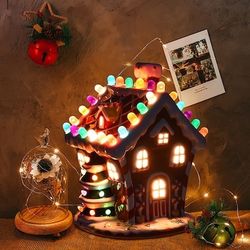 Ceramic Village House Hand-Painted Decor Christmas w/44 Multicolored Lights