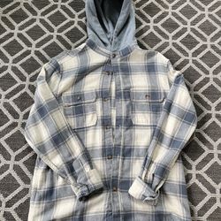 GREY AND WHITE BUTTON UP WJTH HOOD