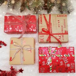 Wrapping Paper, 4 Rolls of Red Christmas Birthday Wrapping Paper. Includes Christmas Tree, Snowflake, Merry Christmas, HO HO HO Elements. Includes Dec