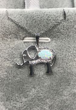 Sterling Silver CZ Elephant with White Opal Pendant with adjustable 16-18” Chain