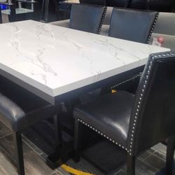 6PC Marble top dining table set with leather chairs