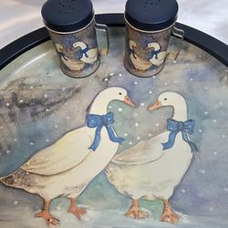 Geese in winter metal serving plate with matching salt and pepper shakers