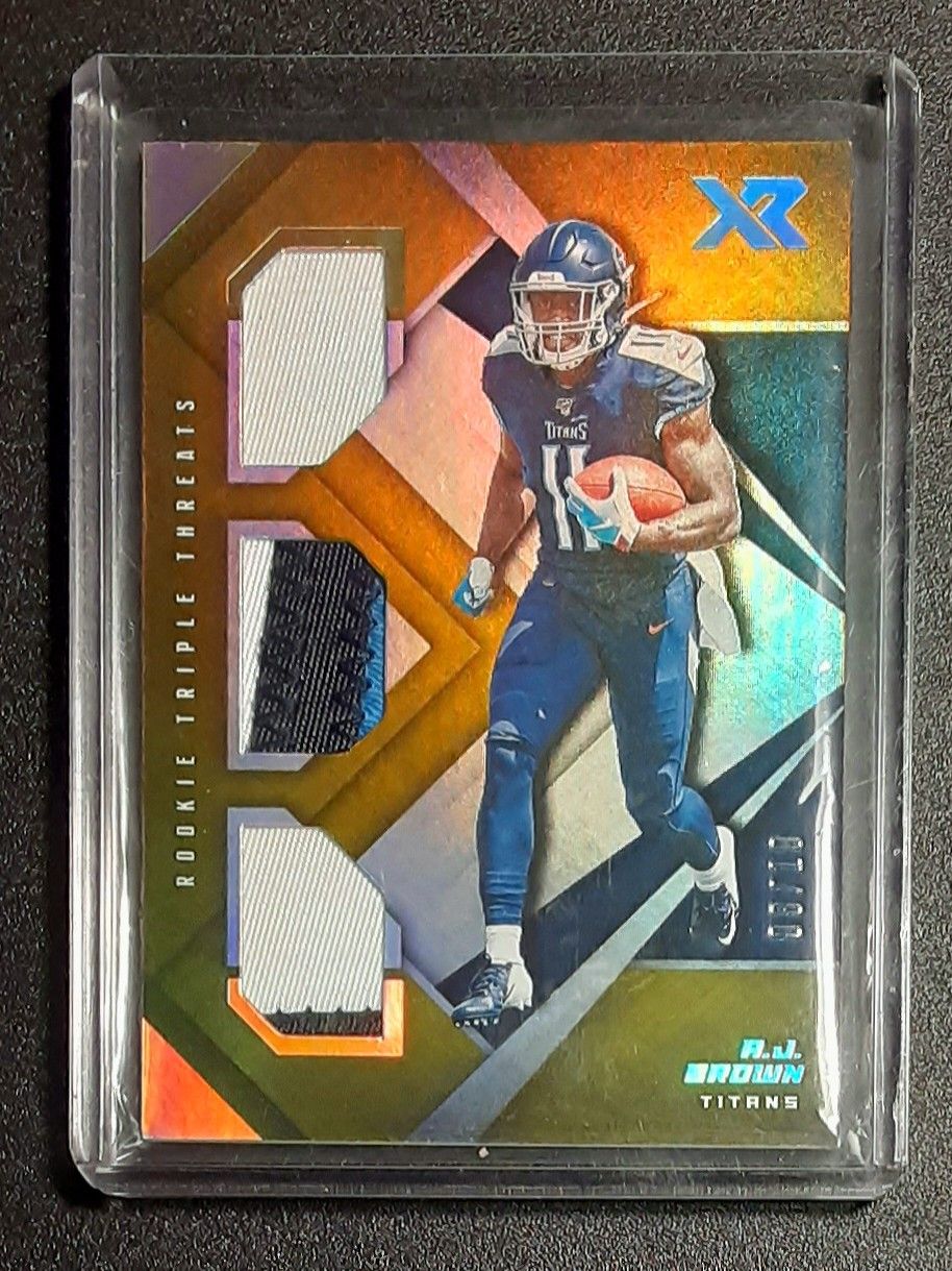 A.J. Brown Rookie 3 Color Jersey Patch Panini XR Rookie Tripple Threats 08/10 No. RTM-11 Tennessee Titans