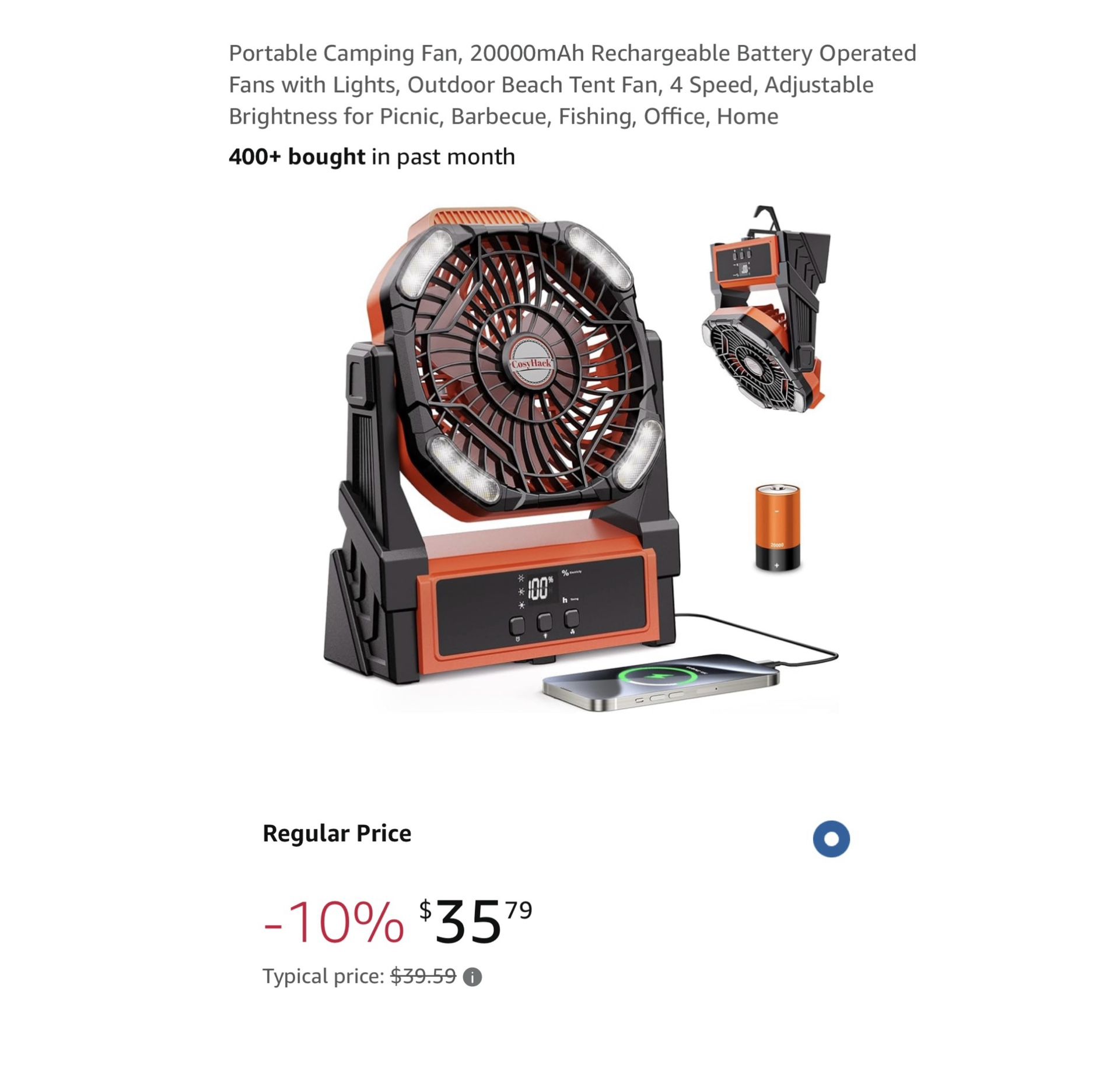 Brand new Portable Camping Fan, 20000mAh Rechargeable Battery Operated Fans with Lights, Outdoor Beach Tent Fan, 4 Speed, Adjustable Brightness for Pi