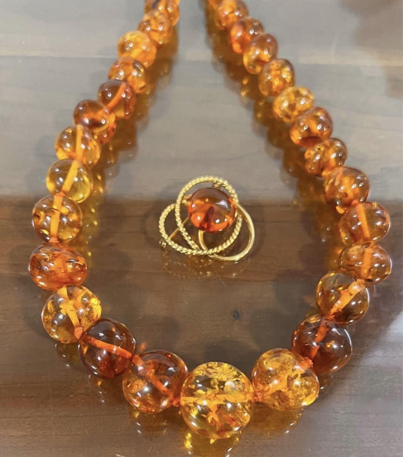 Vintage Honey Amber beads necklace 20” & Gold Filled Brooch With Amber 1.25”