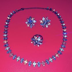 Fashion Jewelry Matching Necklace Earrings Ring Flower Shaped Pink Blue Set of 3 Valentinesday Gift