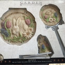 Garden treasures 3 pcs bunny set. SET OF THREE INCLUDES: WALL PLAQUE, PLANT STAKE, & CHIME