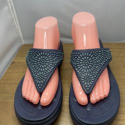 Crocs Monterey Diamante Womens Navy Blue Wedge Flip Flop Sandals EUC 