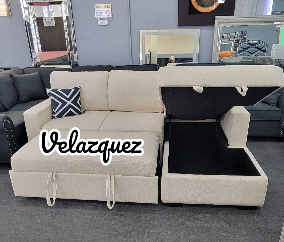 ✅️✅️2 pc Beige boucle fabric sectional sofa with pop up sleep area and storage chaise drop down tray table wireless charging✅️
