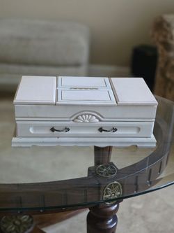 Lovely Shabby Chic White Jewelry Box Pink Interior 14.5x7.5x6 In W/Mirror