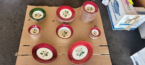 Assorted China Set, White Rose with Red and Green Border with 22k Gold Rim. (Incomplete Set)