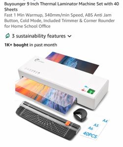 Buyounger 9 Inch Thermal Laminator Machine Set with 40 Sheets Fast 1 Min Warmup, 340mm/min Speed, ABS Anti Jam Button, Cold Mode, Included Trimmer & C