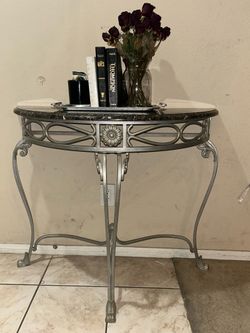 Vintage Demilune Marble Top Console Table – Ornate Silver Metal Base