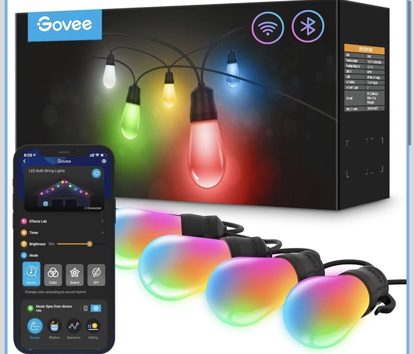 Govee Smart Outdoor String Lights H7021, RGBIC Warm White 96ft (2 Ropes of 48ft) LED Bulbs for Outdoor Decorations, WiFi Patio Lights Work with Alexa,