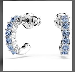 Authentic Swarovski Blue Mini Hoop Huggie Earrings Rhodium Plated (contact info removed) NIB