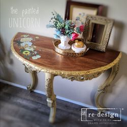 Refinished Floral Demi Lune Side Hallway Table