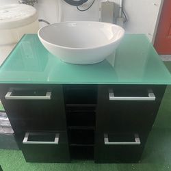 2 Free Standing (floating) Vanities With White Bowl + 1 Extra Storage Cabinet + Videt (Toto)
