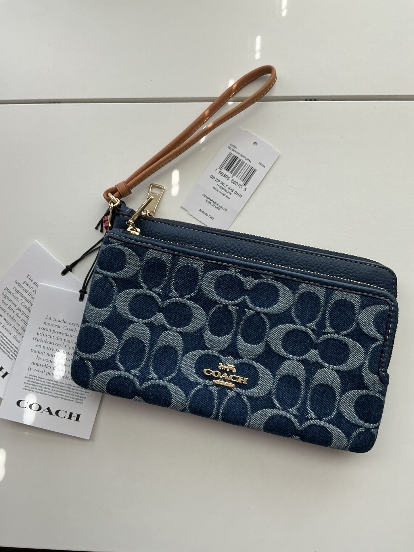 Coach Double Zip Wallet In Signature Denim with Cherry Charm