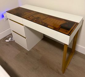 White temperature glass vanity desk with metallic gold handles