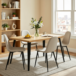 Homy Casa STAN+CHARLTON 5PC Dining Set 63" Natural Wood Table with 4 Beige Fabric Chairs, Natural Wood & Black Metal