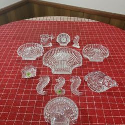 12 Pc Lot Waterford Crystal Sea Shells Seahorses Figurines Sculptures Paperweights Bowls Clock All Mint