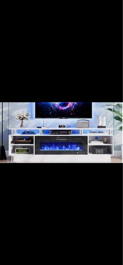 White TV Stand with Electric Fireplace and LED Lights