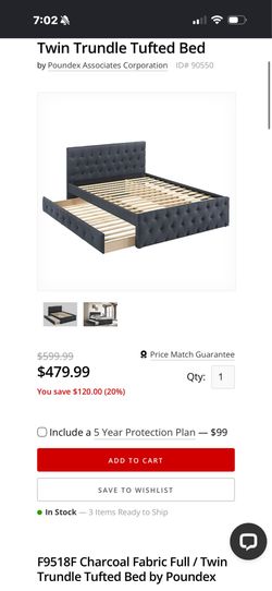 NEW in Box Poundex Full Bed with Twin Trundle – Dark Grey Tufted Upholstered Bed Frame