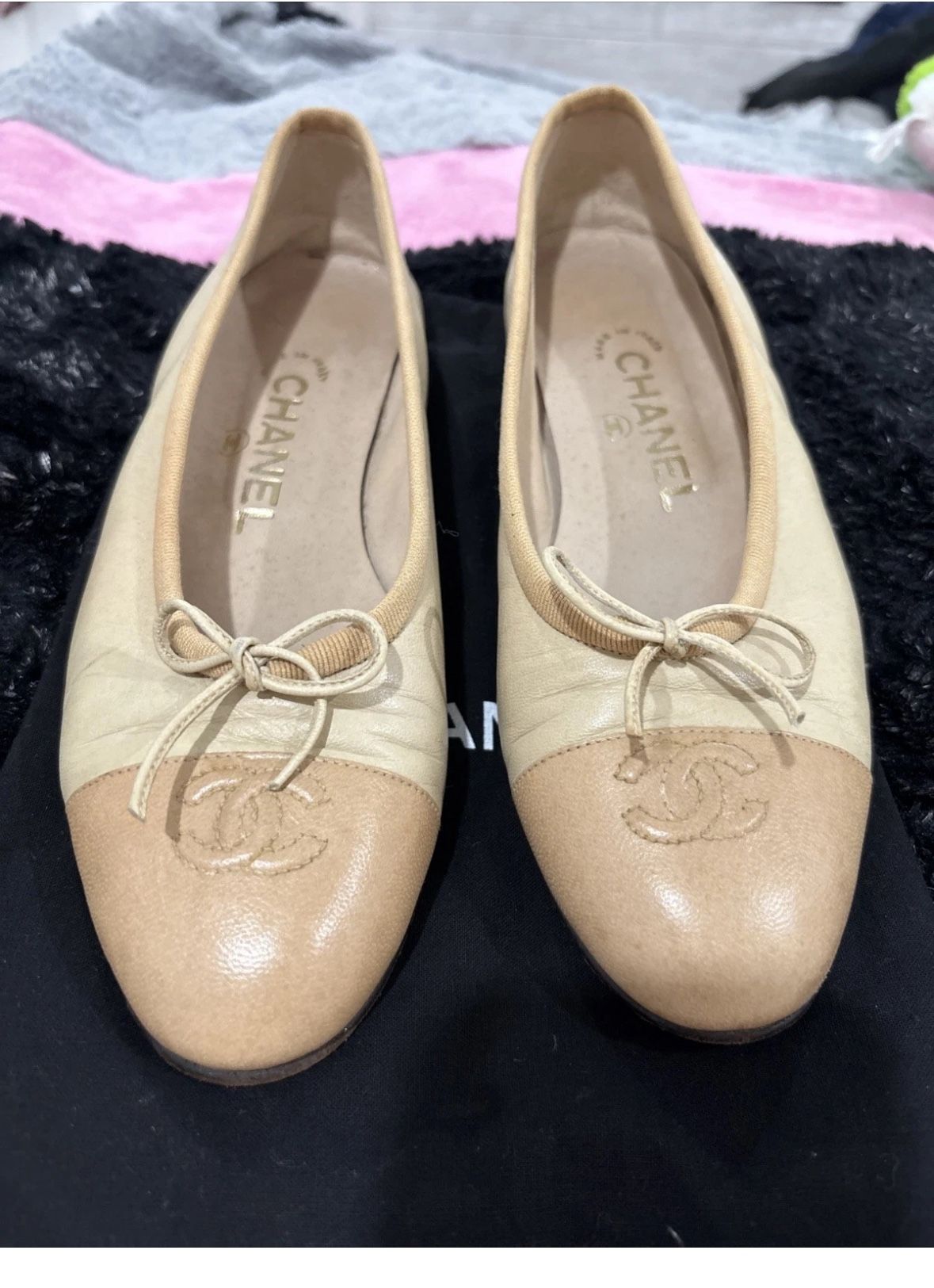 AUTHENTIC CHANEL BEIGE CC LOGO LAMBSKIN BALLERINA FLATS Size 37