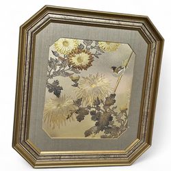 Vintage Chokin Art, Engraved Metalwork, Gold Silver Coper, Bird Wildflowers Japanese Wall Hanging, Signed 14.5” x 16” framed