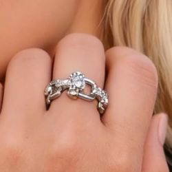 Silver & Crystal T Designer Small Link HardWear Ring (See Pics & Description!)