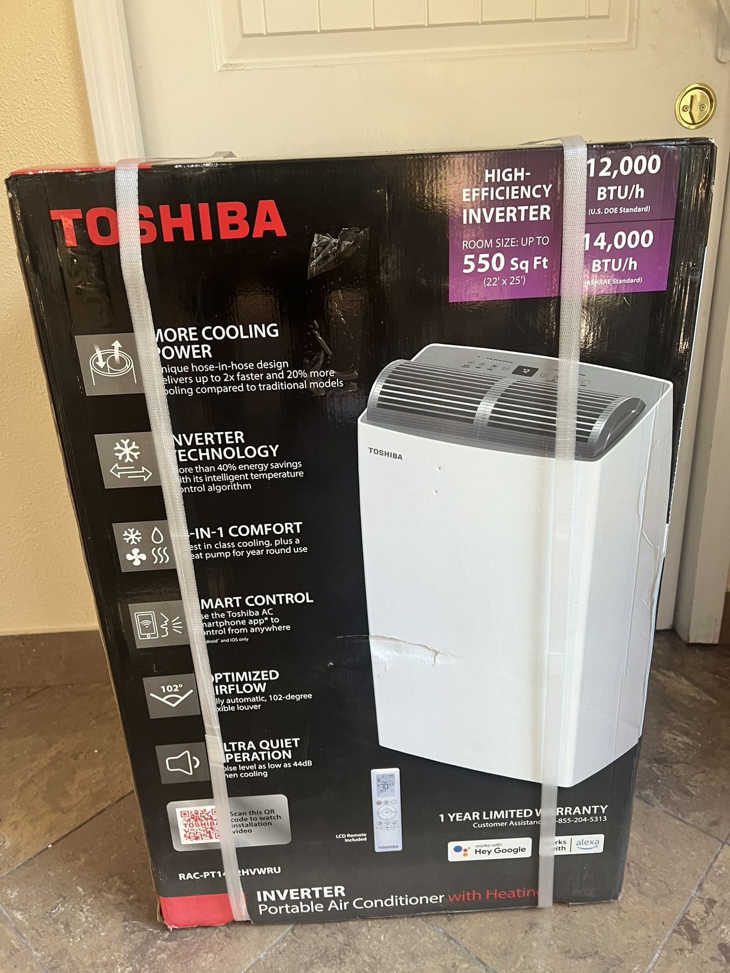 Toshiba 12,000 BTU (14.000 BTU DOE) 115-Volt Inverter Wi-Fi Quiet 47 dB Portable Air Conditioner With Heat Up To 550 SF.