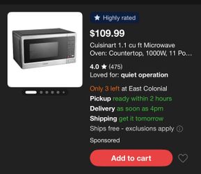 Microwave 1.1 cu, 1000w Cuisinart Silver/ Microondas Plateado