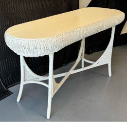 Vintage Shabby Chic Wicker Console Table / Server – Wood Top– Gail Dearing Antiques, Atlanta GA