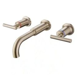 Double-Handle Wall Mounted Bathroom Faucet 3-Holes Modern Brass Sink Faucets in Brushed Gold