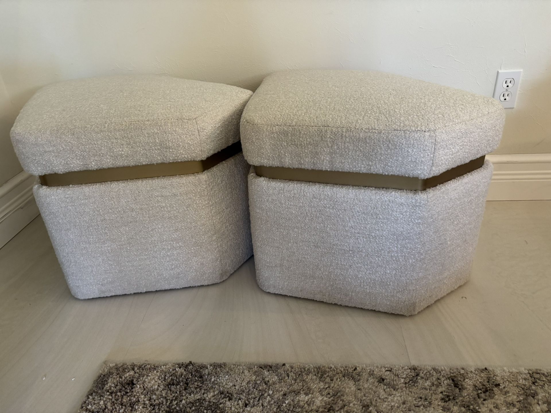2 Matching Off white Gold Trim Fabric Ottomans